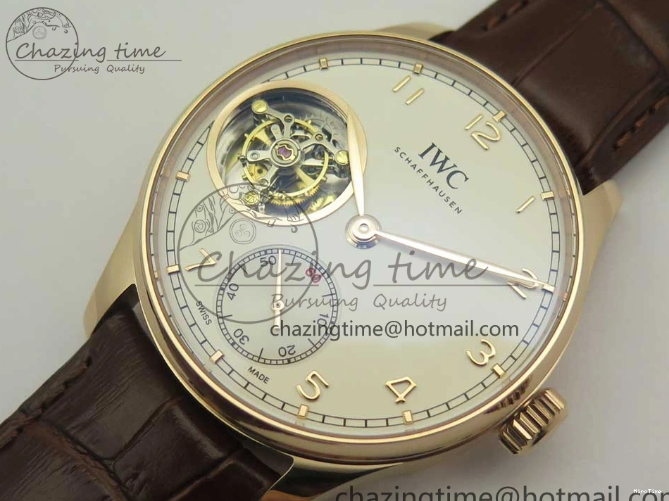 MIROTIME 0113 Portuguese Tourbillon IW5463 RG ZF Best Edition White Dial on Brown Leather Strap Stylish 7174